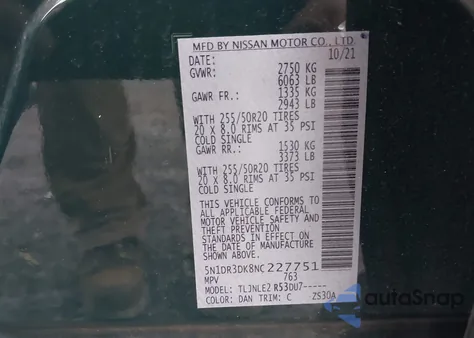 2022 Nissan Pathfinder Platinum 4Wd z USA, uszkodzony, nr VIN 5N1DR3DK8NC227751